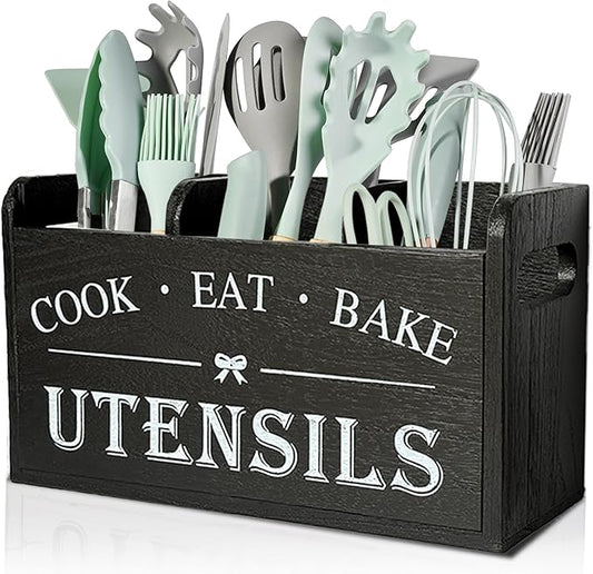Wooden Kitchen Utensil Holder with 3 Compartments, Utensil Storage Organizer for Kitchen Counter, Farmhouse Decor & Rustic Cooking Tools Storage(Black)