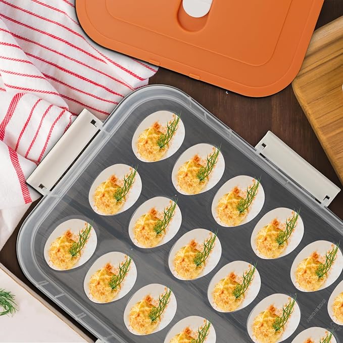 BTSKY Deviled Egg Platter with Lid, 2-Layer 36 Slots Deviled Eggs Carrier, Clear Portable Egg Holder for Fridge Reusable Deviled Eggs Tray Carton Box for Easter and Party Favor (2-Layer, Orange)