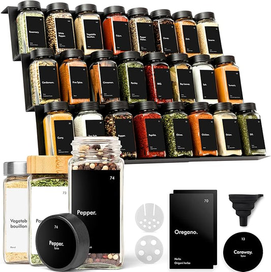 KIVY Drawer Spice Organizer + 24 Jars & 240 Labels - Seasoning Rack for Organization - Kitchen Drawer Insert for Spice Jars - Glass Seasoning Jars with Airtight Lids - Glass Spice Jars with Label