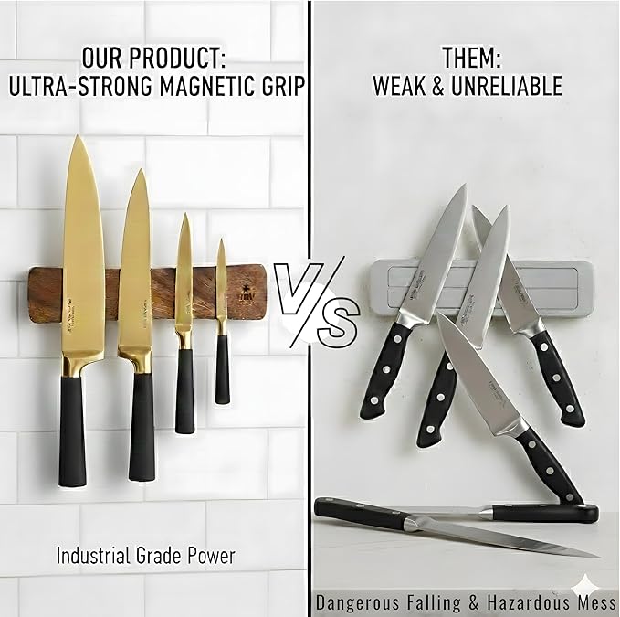 4 YORVOY Magnetic Knife Holder for Wall-16 inches long Kitchen Organizer- No Drilling Knife Magnetic Strip- Compact Utensil Holder- Acacia Wood Knife Rack- Strong Knife Magnet- Easy Installation