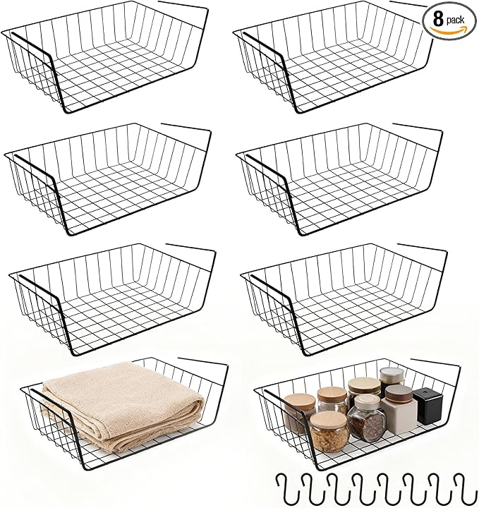 JIABEIUS 8 Pack Under Shelf Storage Basket, Hanging Under Cabinet Wire Rack with 8pcs Hooks, Slide-in Baskets Organizer for Kitchen Pantry Counter Desk Bookshelf (Black)