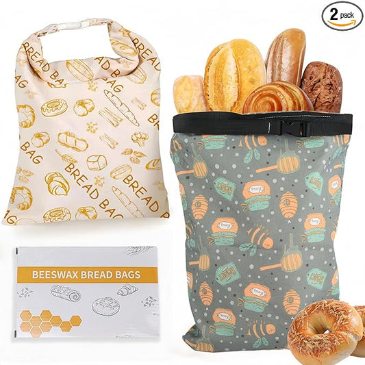 2 Pack XL Beeswax Bread Bags with Zipper Seal – Reusable Cotton Linen Waxed Bread Bags for Homemade Bread, Sourdough Storage, Eco-Friendly Bees Wax Bag Alternative to Plastic (2Pack)