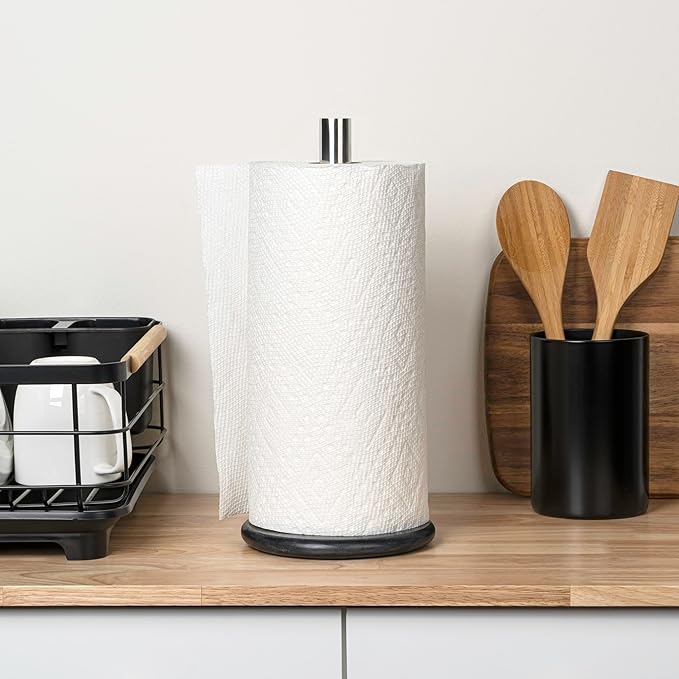happimess PRH2000A Avery Modern Classic Metal with Non Slip Weighted Marble Base Paper Towel Holder, for Bathroom Kitchen Countertop, Standard or Jumbo-Sized Roll Paper, Black/Chrome