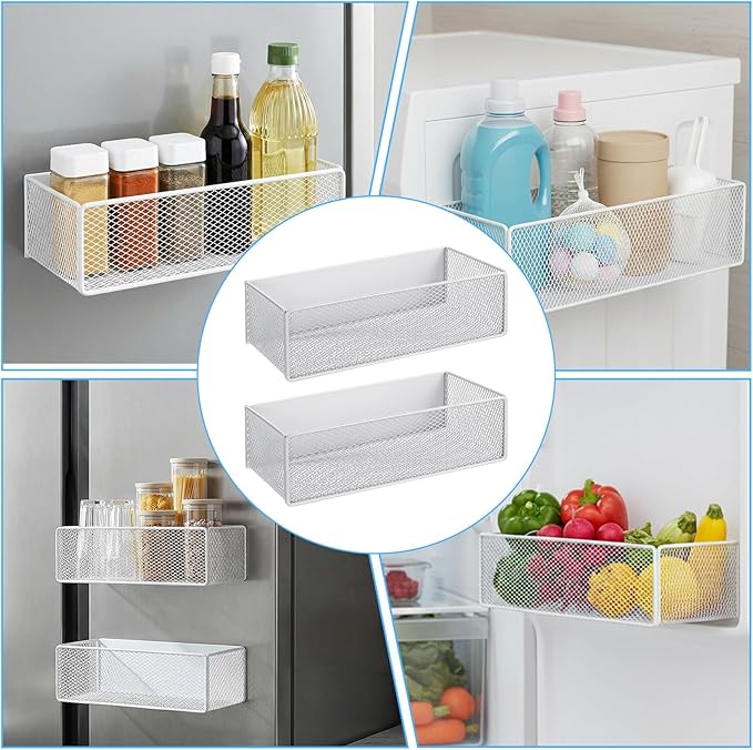 Ckhoid 2PCS Magnetic Basket Bins, 10 × 5 × 3 inch Fridge Organizer Holder, Heavy Duty Metal Basket Storage Shelf, Spice Storage Rack Organizer for Refrigerator, Home Kitchen Organization Accessories