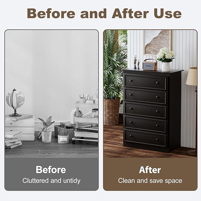 5 Drawer Dresser for Bedroom, Tall Wooden Chest of Drawers with Spacious Top, Modern Storage Organizer Cabinet for Closet, Nursery, Living Room, 15.7" D x 31.5" W x 45.7" H (Chocolate)