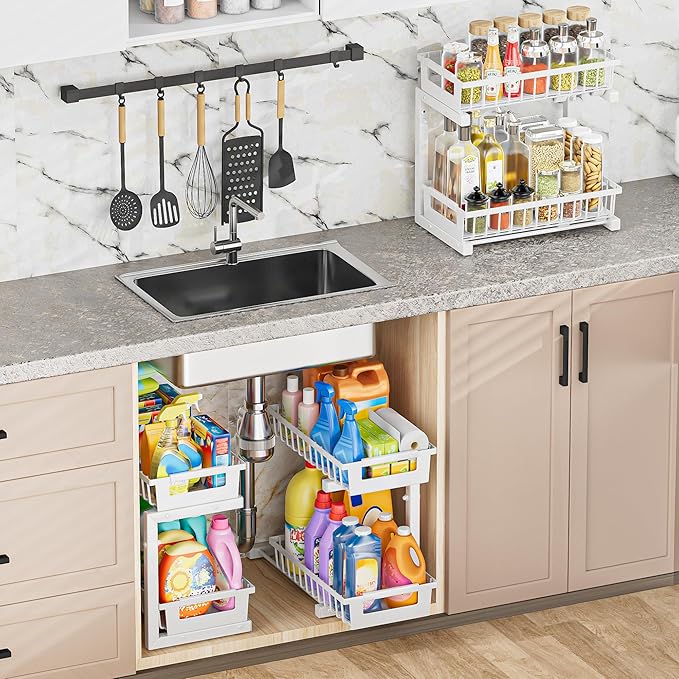 TOFWOF Under Sink Organizer 2 Pack, 2 Tier Adjustable Height Reinforced Carbon Steel Under Kitchen Bathroom Sink Storage Organizer, Smooth Pull-Out Under Sink Cabinet Rack Drawer Organizer, White