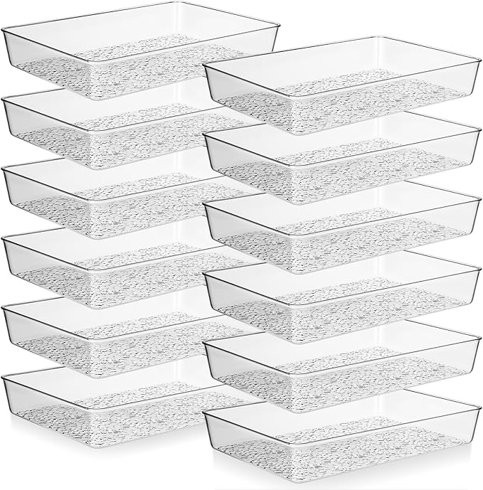 12 Pcs Plastic Drawer Organizer Trays, 12" x 8", Acrylic Organizers with Pebble-textured Clear Desk Storage Tray for Makeup, Jewelries, Kitchen Utensils, Bathroom and Office