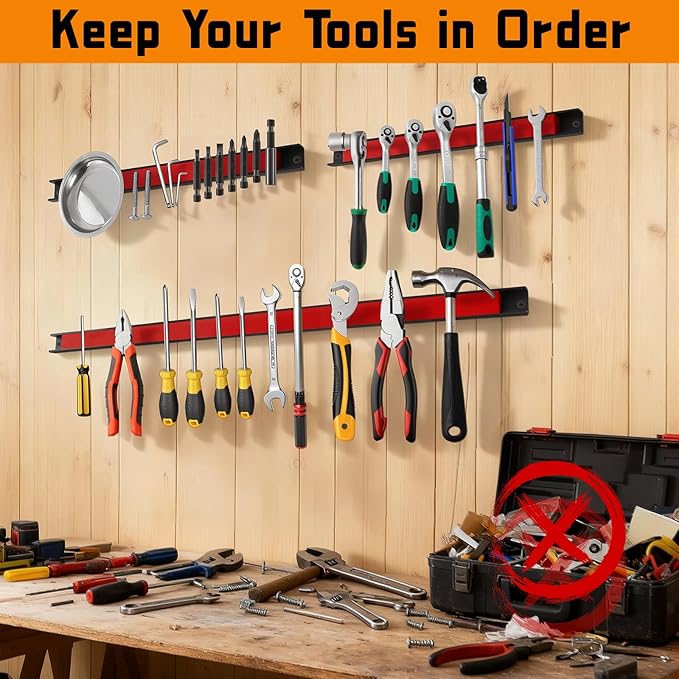 12" Magnetic Tool Holder Strip, 4 Pieces Red Metal Tool Organizer Rack with Stainless Steel Surface, Magnet Bar for Garage Workshop, Easy To Install with Mounting Screws