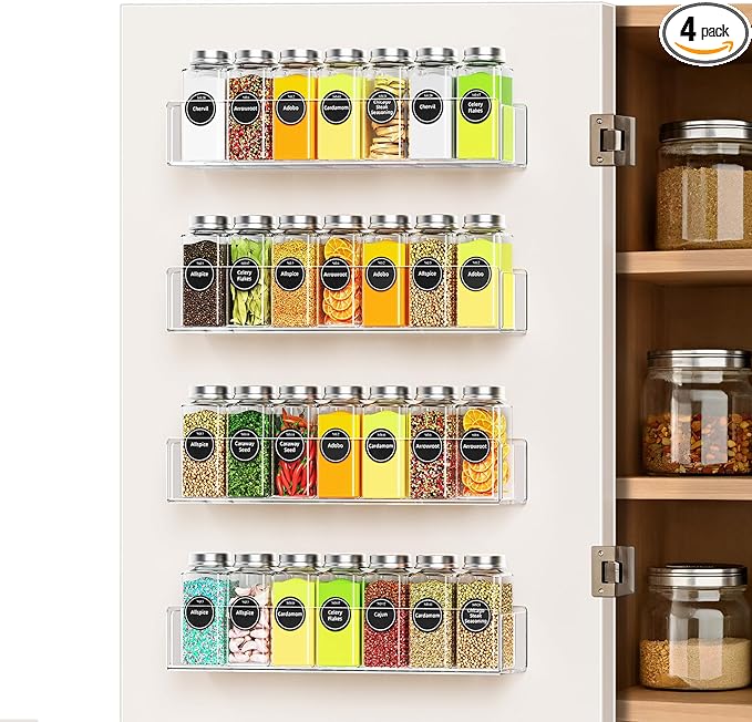 Wall Mounted Acrylic Spice Rack 4 Pack, 12 Inch Clear Pantry Door Organizer, Floating Spice Organizer, Adhesive or Screw Mounted Cabinet Seasoning Shelf
