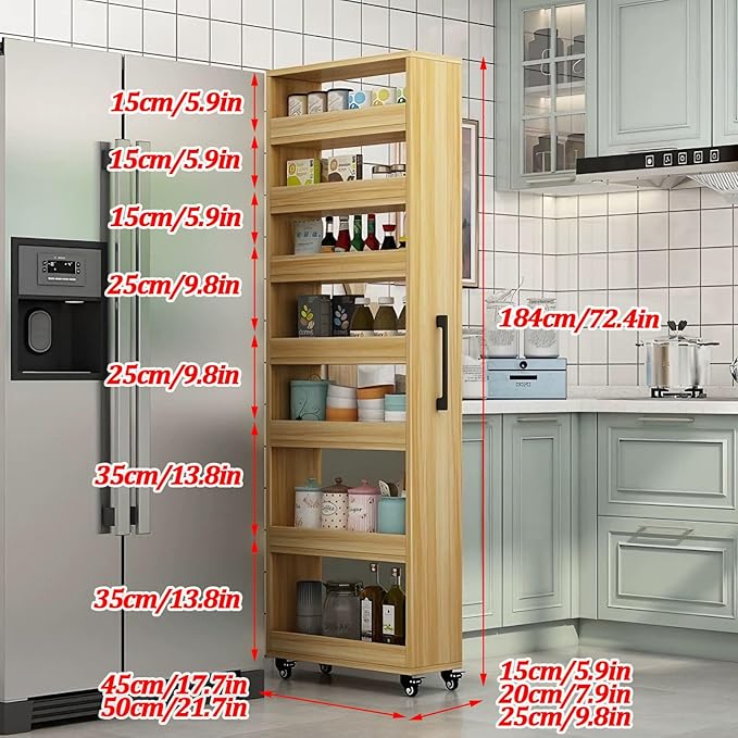 7-Tier Slim Storage Cart, Wooden Rolling Pantry Cabinet with Wheels, Narrow Shelf Organizer for Kitchen, Bakers Rack, Dining Room, Closet,White,W7.9×D17.7×H72.4