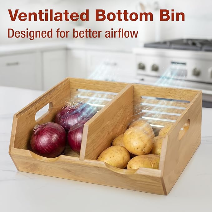 HOMESTEAD Wood Pantry Organizers Bins – Stackable Storage, Rustic Pantry Potato and Onion Storage with Unique Natural Grain, Wooden Basket with Handles, Set of 3 Pieces