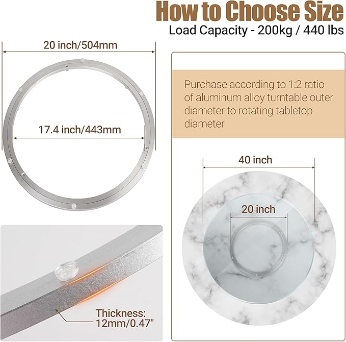 20 Inch Lazy Susan Bearing Heavy-Duty Aluminium Alloy Turntable Bearing, Mute Turntable Ball Bearing, Lazy Susan Rotating Turntable Bearing for Dining and DIY Dotating Furniture(Capacity up to 440lb)