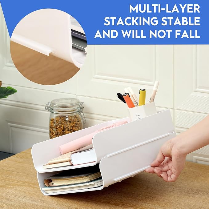 Desk Letter Tray Set of 2, Office Organization and Storage, PET Stackable Document Organizer for Notes, Pens, File Paper, White
