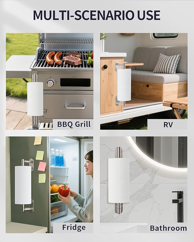 Paper Towel Holder Under Cabinet, Self Adhesive or Wall Mount for Kitchen Bathroom, Stainless Steel Paper Towel Holders with Damping Effect, Single Hand Operable (Silver)