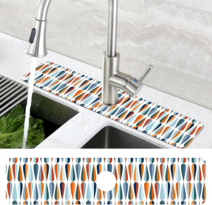 Mid-Century Drop Shapes Kitchen Sink Splash Guard Mat Absorbent Fast Drying Mat Faucet Draining Mat Sink Splash Guard Behind Faucet Drip Catcher for Kitchen Bathroom 5.5"×24"