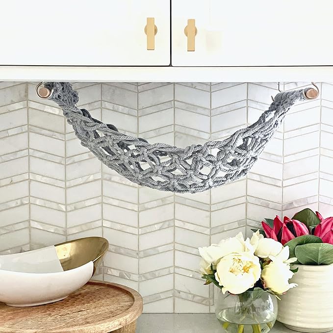 Fruit Hammock - Hanging Fruit Basket - Produce and Veggie Storage for Kitchen Under Cabinet - Banana Hook - Macrame Boho Modern (Grey)