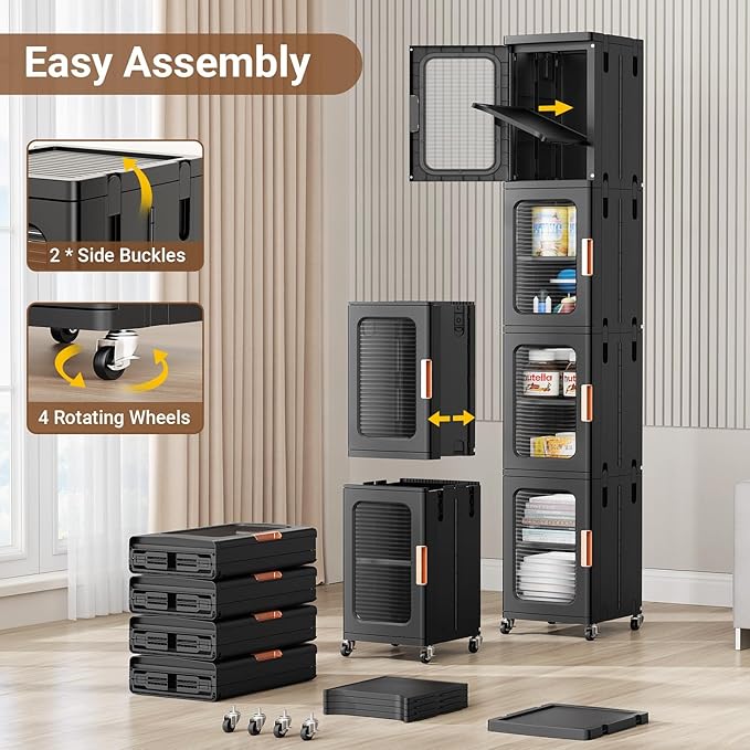 BROVIEW 1-Tier Tall Narrow Storage Cabinet Organizer, Slim Bathroom Cabinets with Adjustable Shelves and Door, Plastic Kitchen Pantry Organizers and Storages for Small Space, Laundry, Black
