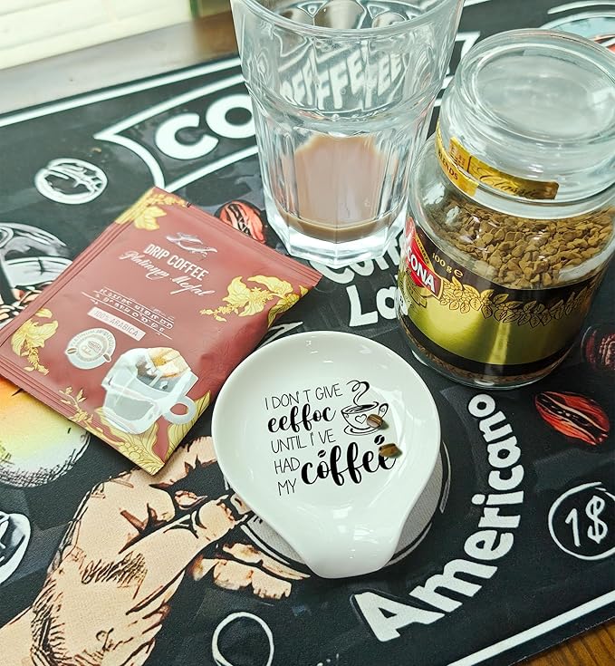 Coffee Spoon Rest, Coffee Bar Accessories & Spoon Holder, I DON'T GIVE EEFFOC UNTIL I 'VE HAD MY COFFEE Ceramic Spoon Holder for Coffee Lovers Gifts for Friend Wife Husband Sister (White-1)