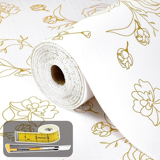 Shelf Liners for Kitchen Cabinets 12in x 20FT Non Adhesive Drawer Liner Gold Floral Thickened Shelf Liner Paper Strong Non-Slip Easy to Clean for Tool Box Refrigerator with Knife and Tape Measure