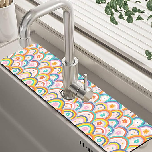 Boho Rainbow Hippie Floral Kitchen Sink Splash Guard Mat Absorbent Fast Drying Mat Faucet Draining Mat Sink Splash Guard Behind Faucet Drip Catcher for Kitchen Bathroom 5.5"×24"