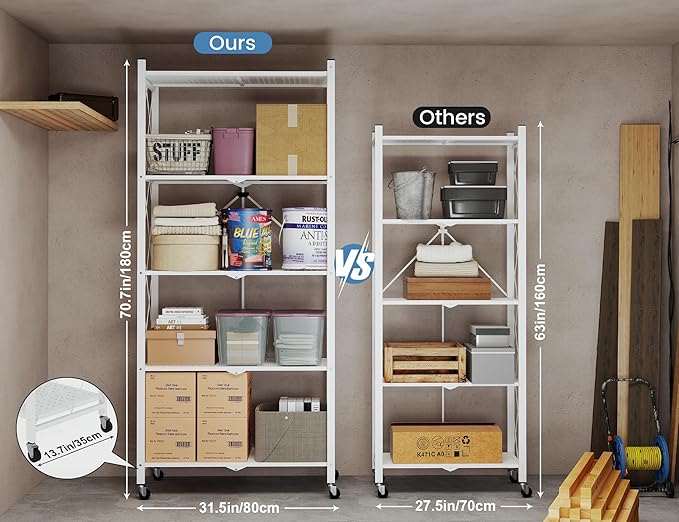 ALANNG 70.7" H Metal Storage Shelves, 5 Tier Folding Shelf on Wheels, Heavy Duty, No Assembly, Rolling, Collapsible Rack Unit for Kitchen, Basement, Pantry (White,1 Pack)