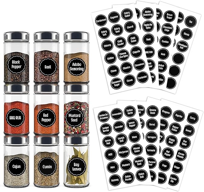 144pcs 1.5 Inch Preprinted Round Spice Jar Labels, Chalkboard Waterproof Oil Resistant, Kitchen Pantry Organization (Including 9 Blank Labels)