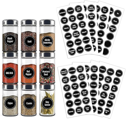 144pcs 1.5 Inch Preprinted Round Spice Jar Labels, Chalkboard Waterproof Oil Resistant, Kitchen Pantry Organization (Including 9 Blank Labels)