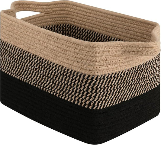 OIAHOMY Woven Storage Basket for Shelves, Rectangle Cotton Rope Baskets for Organizing, 13 x 10 x 9 in, Storage Bins for Dog Toys,Towel,Books,Gift,Gradient Black Brown