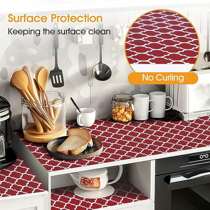 Shinlendid Shelf and Drawer Liner for Kitchen Cabinets Non-Adhesive, Strong Grip Non-Slip Thickened Cabinet Liners for Shelves, Waterproof Mats for Dresser Cupboard, Red/White, 12 in x 20 Feet