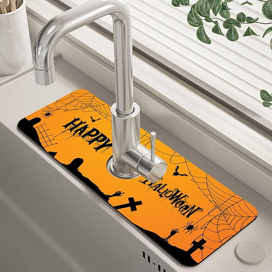 Halloween Bats Spider Webs Dish Drying Mat for Kitchen Sink Splash Guard Behind Faucet Sink Mat Absorbent Fast Drying Faucet Draining Mat for Bathroom Kitchen 5.5"×15"