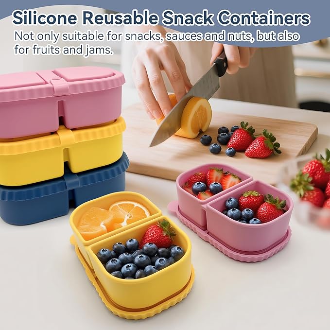 4 Pack Reusable Silicone Snack Containers with Lids, 8.5 oz- 2 Compartments, BPA-Free,Leakproof, Portable Silicone Lunch box, Snacks, Office，Picnic，Travel