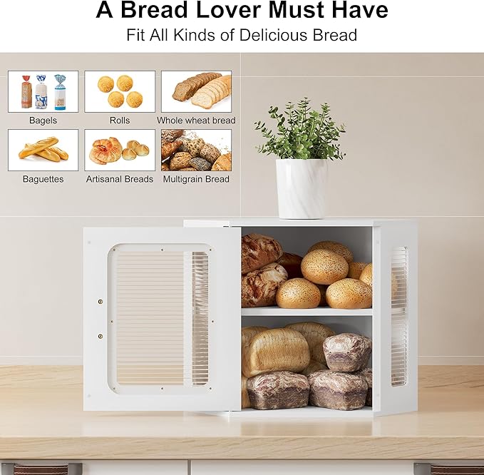 TQVAI Corner Bread Box for Kitchen Countertop, Solid Wood Double Layer Large Storage Container with Adjustable Shelves, Farmhouse Acrylic Window Design, White