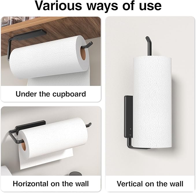 Paper Towel Holder Under Cabinet - Wall Mounted Paper Towel Holder No Drilling, Adhesive Under Cabinet Roll Holder, Black Kitchen Towel Holder, 31 x 8 x 3.5 cm, Aluminum, Black