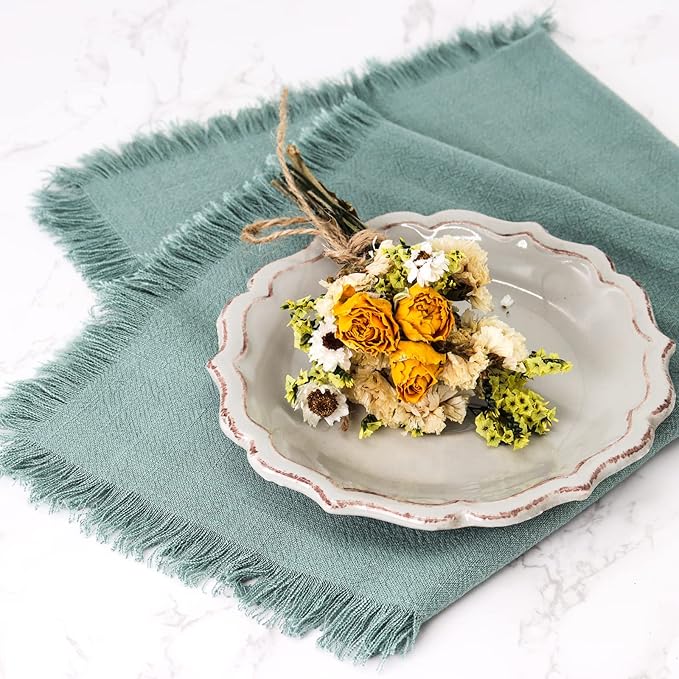 Handmade Cloth Napkins with Fringe,18 x 18 Inches Cotton Linen Napkins Set of 12 Versatile Handmade Square Rustic Fringe Napkins for Dinner, Wedding and Parties, Sage