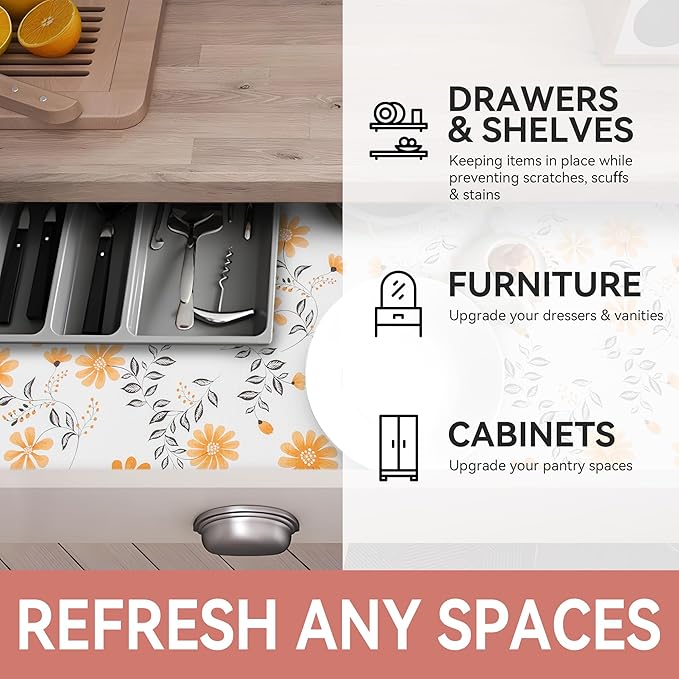 RAY STAR Shelf Liner, 18 Inch x 8 Feet Non Adhesive Daisy Floral Printed Cabinet Liner for Pantry Drawer Vanity, Strong Grip Non Slip Waterproof, Durable Shelf Liners for Kitchen Cabinets Organization