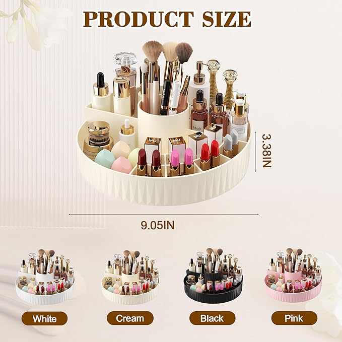 360° Rotate Makeup Organizer, Countertop Skincare Organizer, Large Capacity Multi-Compartment Makeup Brush Lipstick Skincare Organizer, Cosmetic Storage for Dresser Vanity & Bathroom (Black)