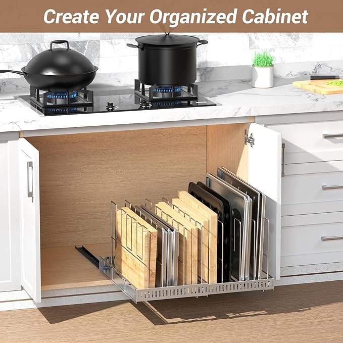 Housolution Pull Out Stainless Steel Baking Tray and Cookie Sheet Organizer, 13"-22" Width Expandable Cutting Board Holder with 8 Adjustable Dividers, 20" Deep Bakeware Rack for Cabinet, Silver