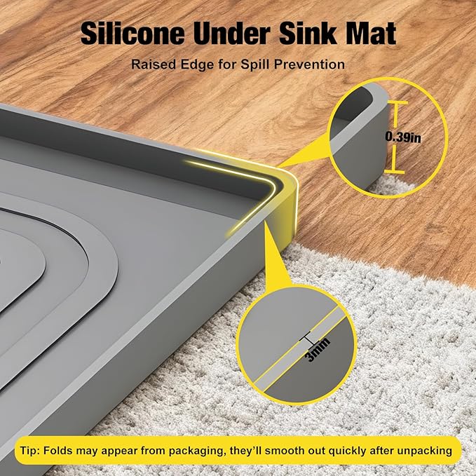 Aisslro Under Sink Mat 28" X 19", Waterproof Silicone Under Sink Mats for Kitchen, Anti-Leak Shelf Liner & Cabinet Protector with Raised Edge, [BPA Free] Bathroom Tray Home Organizer, Dark Gray