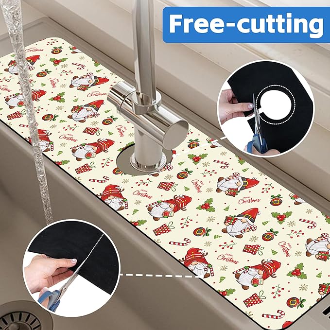 Christmas Santa Claus Kitchen Sink Splash Guard Mat Absorbent Fast Drying Mat Faucet Draining Mat Sink Splash Guard Behind Faucet Drip Catcher for Kitchen Bathroom 5.5"×24"