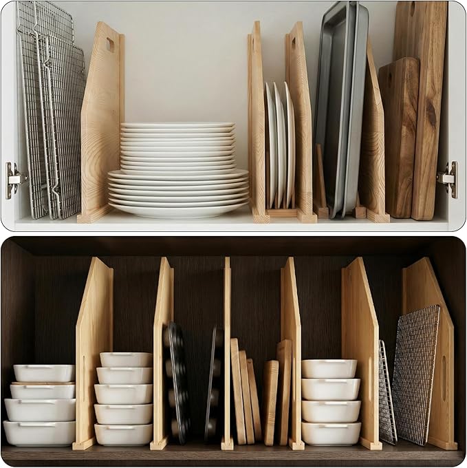 4 Pack Wood Tray Dividers for Cabinet, Cookie Sheet Organizer for Cabinets, Baking Sheet Organizer, No-Cut Kitchen Cabinet Dividers, Cookie Trays for Kitchen, Pantry Storage (8.0, Pounds)