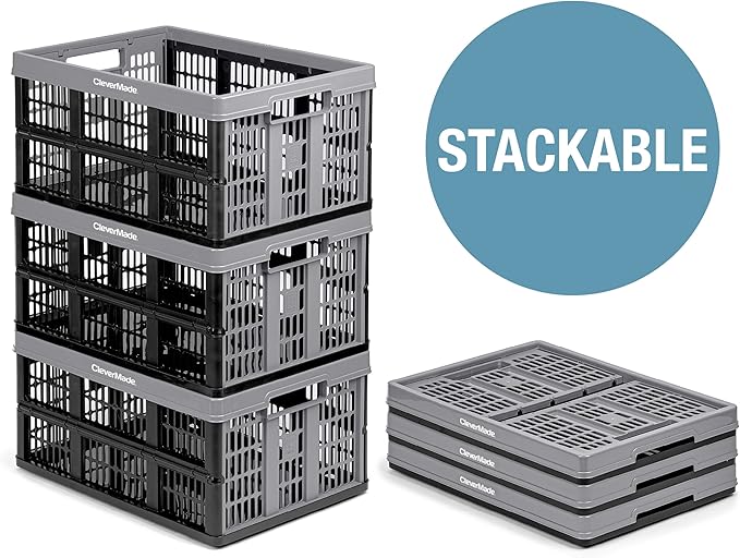 CleverMade Collapsible Utility Crates - Stone 3 Pack 45L / 11 Gal Holds 66 lbs - Stackable Containers Heavy Duty Capacity Crates-Space-Saving Baskets
