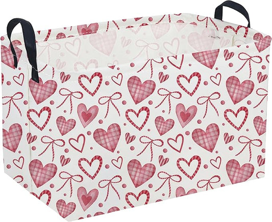 Sanjiaofeng Rectangular Valentine's Day Basket Love Storage Bins,Girls Storage Basket with Handles.Clothers,Books,Kid's Gifts Bins. (Bow Love)
