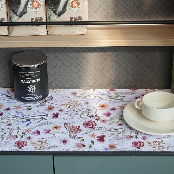 Floral Shelf and Drawer Liner for Kitchen Cabinets,16IN x 10FT Non-Adhesive and Strong Non-Slip Cabinet Drawer Liners for Kitchen Shelf, Waterproof Cupboard Liners,Easy to Clean