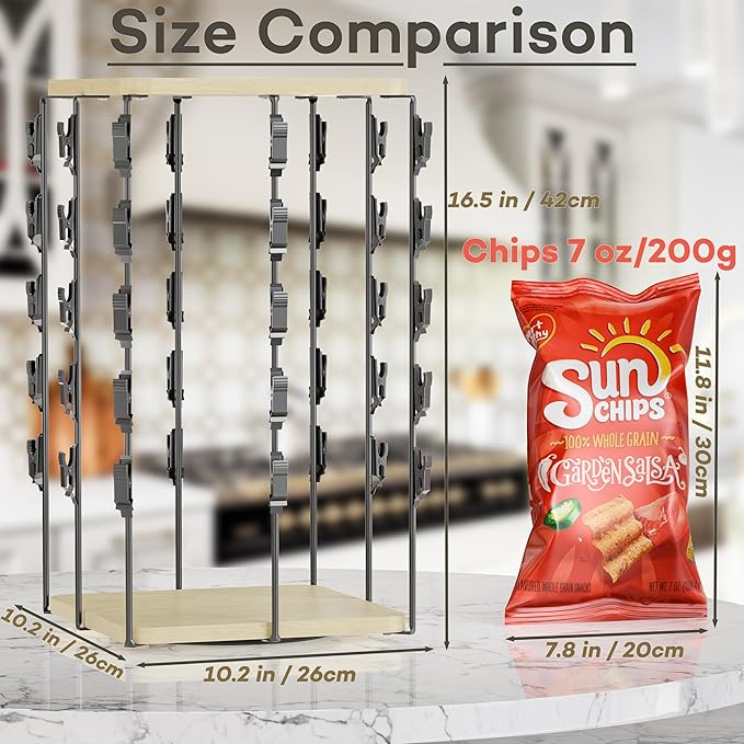 Funturbo Chip Rack Display Stand, 360°Rotating Chip Bag Holder with 5 Tiers 40 Clips, Snack Organizer for Countertop, Party, and Concession Stand