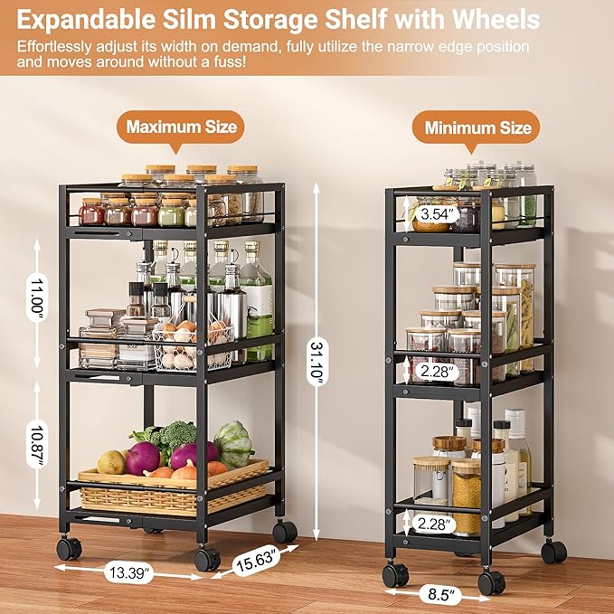 Expandable Slim Storage Cart for Small Space, 3-Tier Metal Rolling Kitchen Cart, Adjustable Narrow Laundry Cart, Small Shelving Unit with Wheels, Ideal for Kitchen Bathroom Laundry Room Living Room