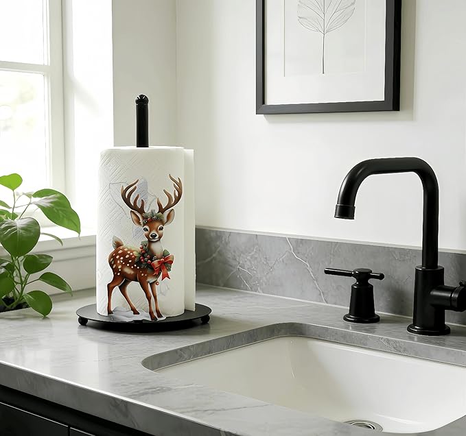 Deer Paper Towel Holder Countertop, Freestanding Paper Roll Holder,Easy One-Handed Tear Kitchen Paper Towel Stand with Weighted Base,Cute Animal Home Decor for Kitchen and Bathroom Countertop(1 Pack)