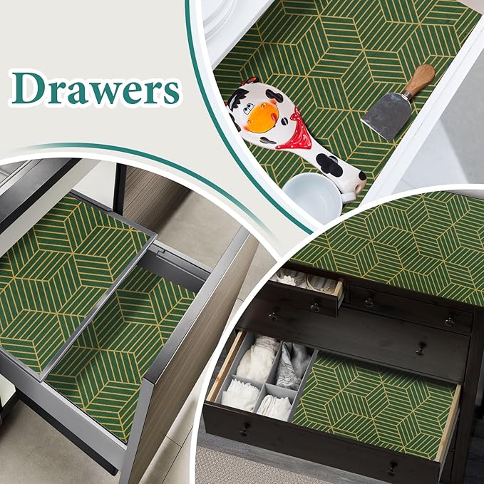 Shelf Liners for Kitchen Cabinets 23.6in x 20FT, Non Adhesive Cabinet Liner Strong Non-Slip Thickened Gold Green Geometric Drawer Liner, Easy to Clean for Shelf, Cabinet with Knife and Tape Measure