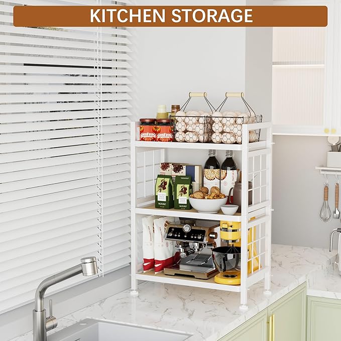 GIOTORENT 3-Tier Pantry Shelves with Wooden Boards, Heavy Duty Storage Shelves & Book Shelf, Adjustable Metal Shelving Unit for Kitchen Bathroom Laundry Organizer, Sturdy Rust-Resistant, White