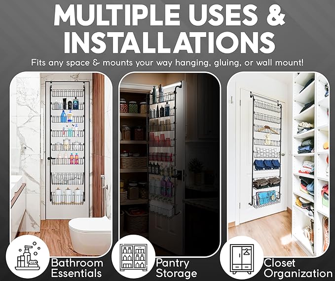 Over Door Organizer Storage - 6 Tier Black Metal Over The Door Pantry Organizer Heavy Duty Hanging Storage Rack, Behind Cabinet Shelves for Home, Kitchen, Bathroom, Closet, Pantry