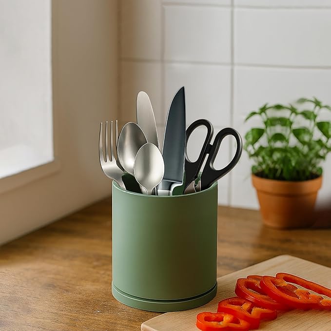 D'vine Dev 360° Rotating Utensil Holder – 5" Kitchen Utensil Crock for Countertop, Modern Cooking Tool Organizer for Kitchen Storage & Décor, Set of 2, Olive, 72-Y-C-1
